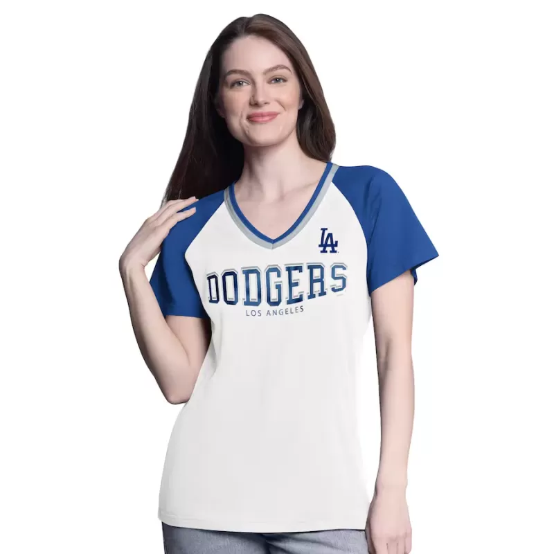 Women's Los Angeles Dodgers G-III 4Her by Carl Banks White/Royal Ball Park Raglan V-Neck T-Shirt