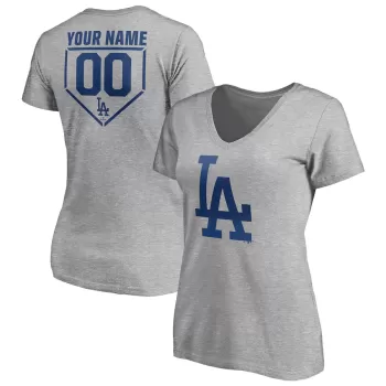 Women's Los Angeles Dodgers Heathered Gray Personalized RBI Logo V-Neck T-Shirt Women's Los Angeles Dodgers Heathered Gray Personalized RBI Logo V-Neck T-Shirt