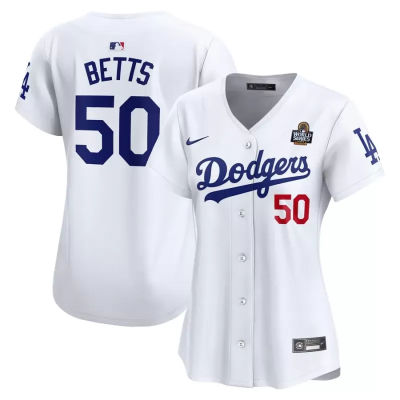 Women's Los Angeles Dodgers Mookie Betts Nike White 2024 World Series Home Limited Player Jersey Women's Los Angeles Dodgers Mookie Betts Nike White 2024 World Series Home Limited Player Jersey