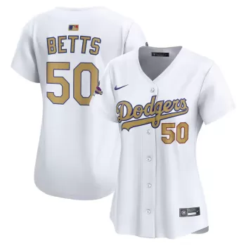 Women's Los Angeles Dodgers Mookie Betts Nike White 2025 Gold Collection Limited Jersey Women's Los Angeles Dodgers Mookie Betts Nike White 2025 Gold Collection Limited Jersey