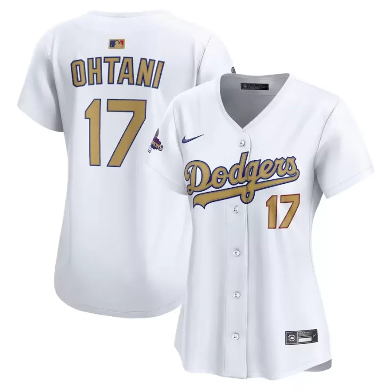 Women's Los Angeles Dodgers Shohei Ohtani Nike White 2025 Gold Collection Limited Jersey Women's Los Angeles Dodgers Shohei Ohtani Nike White 2025 Gold Collection Limited Jersey