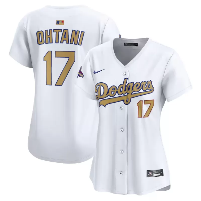 Women's Los Angeles Dodgers Shohei Ohtani Nike White 2025 Gold Collection Limited Jersey Women's Los Angeles Dodgers Shohei Ohtani Nike White 2025 Gold Collection Limited Jersey
