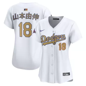 Women's Los Angeles Dodgers Yoshinobu Yamamoto Nike White 2025 Gold Collection Kanji Limited Jersey Women's Los Angeles Dodgers Yoshinobu Yamamoto Nike White 2025 Gold Collection Kanji Limited Jersey