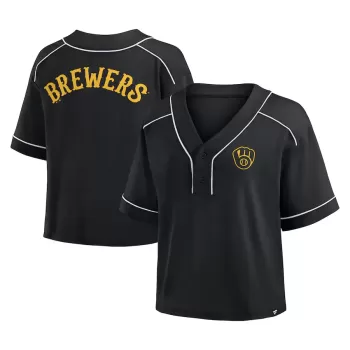 Women's Milwaukee Brewers Fanatics Black Oversized Champ Game Cropped V-Neck T-Shirt Women's Milwaukee Brewers Fanatics Black Oversized Champ Game Cropped V-Neck T-Shirt