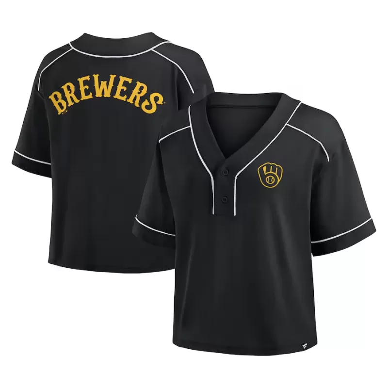 Women's Milwaukee Brewers Fanatics Black Oversized Champ Game Cropped V-Neck T-Shirt Women's Milwaukee Brewers Fanatics Black Oversized Champ Game Cropped V-Neck T-Shirt