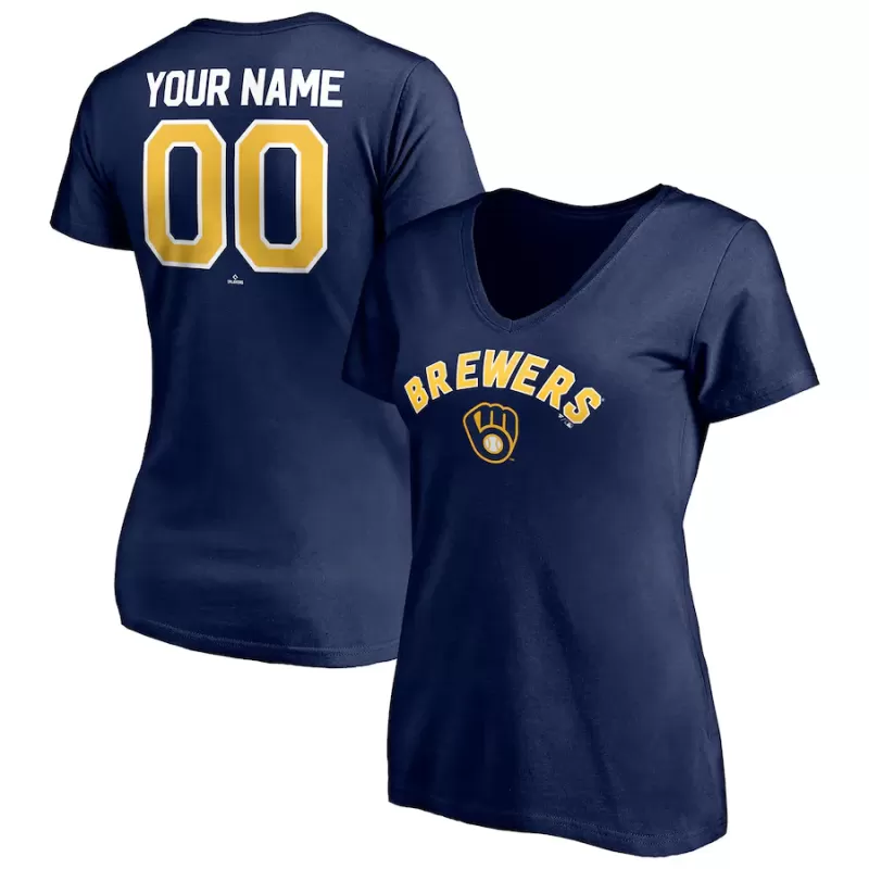 Women's Milwaukee Brewers Navy Personalized Winning Streak Name & Number V-Neck T-Shirt Women's Milwaukee Brewers Navy Personalized Winning Streak Name & Number V-Neck T-Shirt