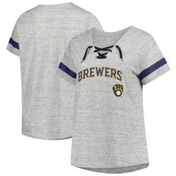 Women's Milwaukee Brewers Profile Heather Gray Raglan Lace-Up Fleck T-Shirt Women's Milwaukee Brewers Profile Heather Gray Raglan Lace-Up Fleck T-Shirt