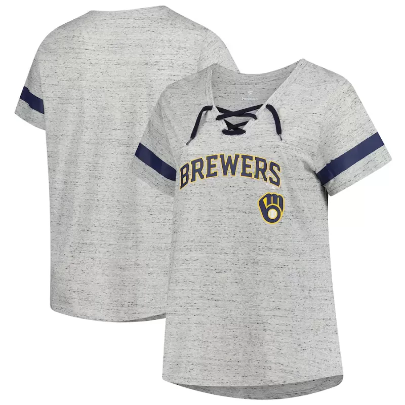 Women's Milwaukee Brewers Profile Heather Gray Raglan Lace-Up Fleck T-Shirt Women's Milwaukee Brewers Profile Heather Gray Raglan Lace-Up Fleck T-Shirt