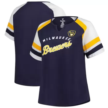 Women's Milwaukee Brewers Profile Navy Plus Sized Arched Notch Neck T-Shirt Women's Milwaukee Brewers Profile Navy Plus Sized Arched Notch Neck T-Shirt
