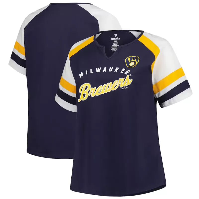 Women's Milwaukee Brewers Profile Navy Plus Sized Arched Notch Neck T-Shirt Women's Milwaukee Brewers Profile Navy Plus Sized Arched Notch Neck T-Shirt