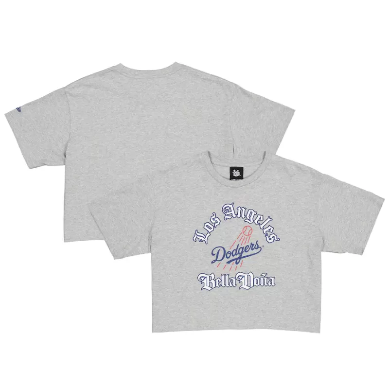 Women's New Era Gray Bella Dona x Los Angeles Dodgers Boxy Crop T-Shirt Women's New Era Gray Bella Dona x Los Angeles Dodgers Boxy Crop T-Shirt