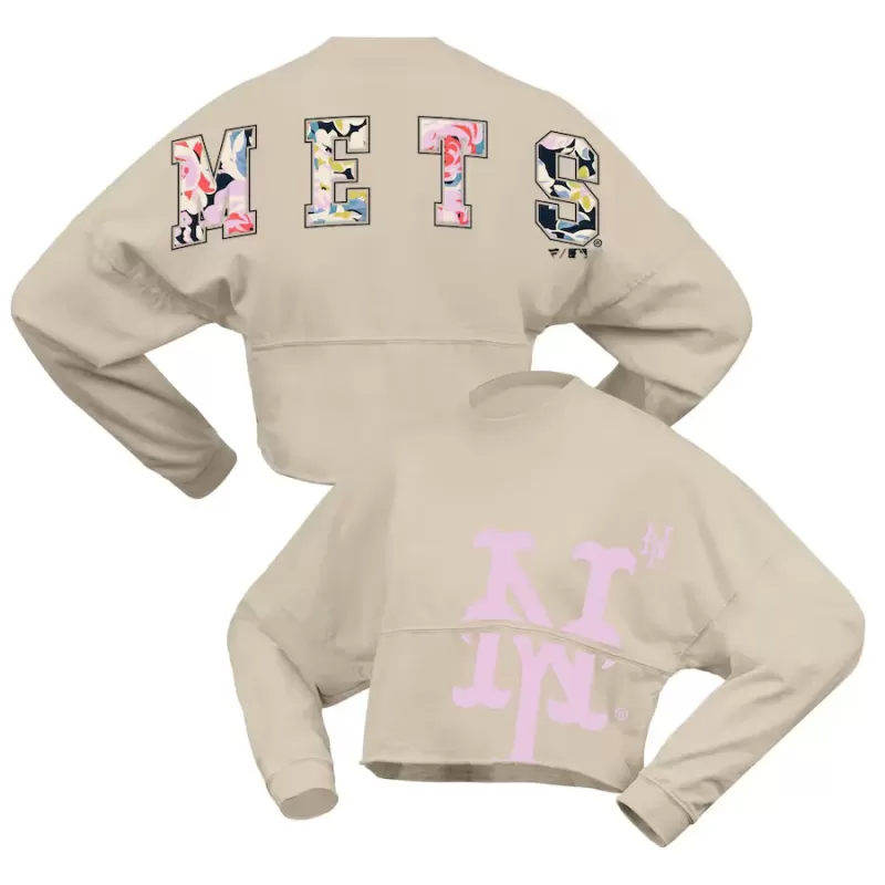 Women's New York Mets Fanatics Cream Floral Preppy Cropped Long Sleeve T-Shirt Women's New York Mets Fanatics Cream Floral Preppy Cropped Long Sleeve T-Shirt