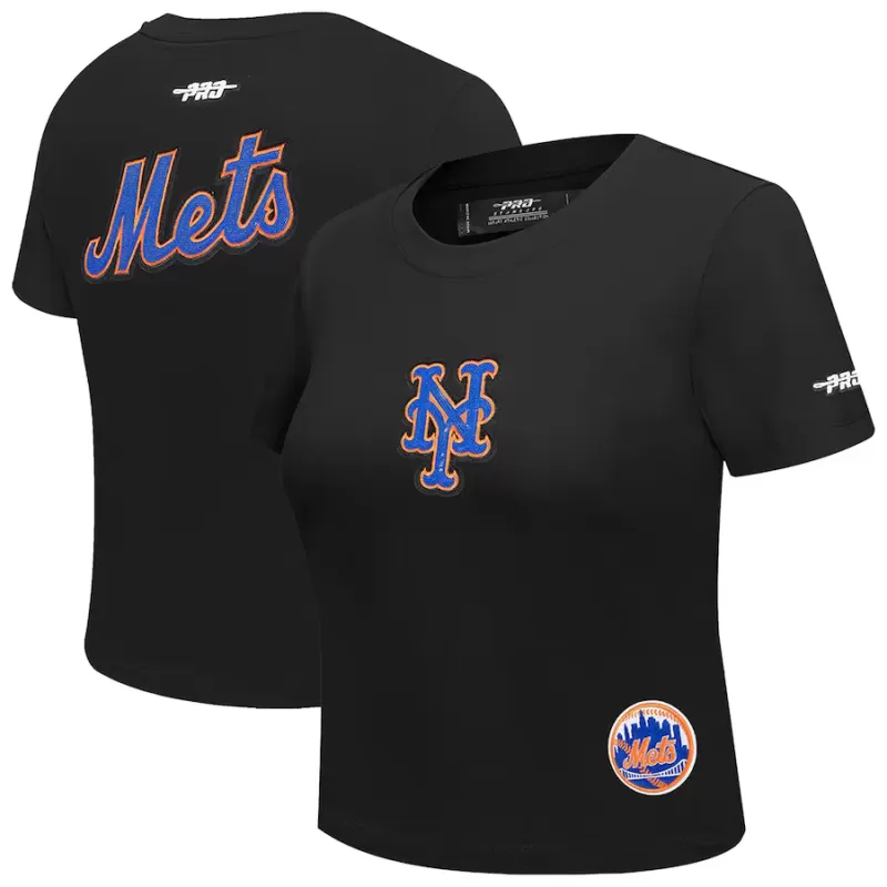 Women's New York Mets Pro Standard Black Game Day Classics Baby Doll Cropped T-Shirt Women's New York Mets Pro Standard Black Game Day Classics Baby Doll Cropped T-Shirt