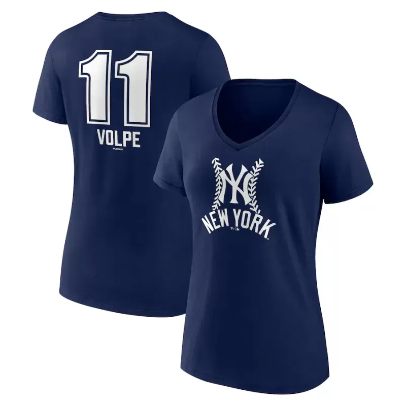 Women's New York Yankees Anthony Volpe Navy Fastball Player Name & Number V-Neck T-Shirt Women's New York Yankees Anthony Volpe Navy Fastball Player Name & Number V-Neck T-Shirt