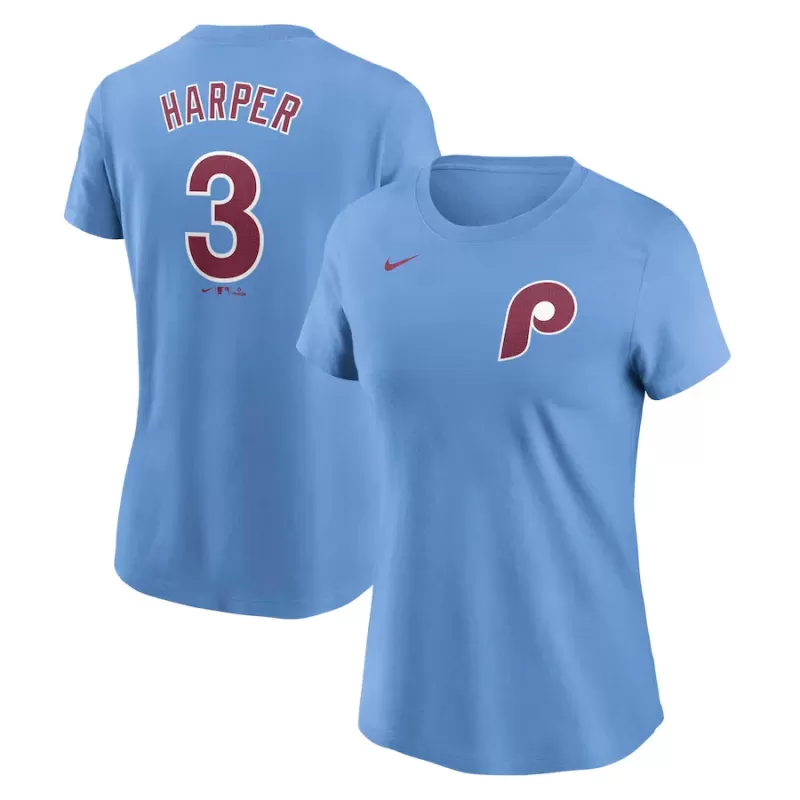 Women's Philadelphia Phillies Bryce Harper Nike Light Blue Fuse Name & Number T-Shirt