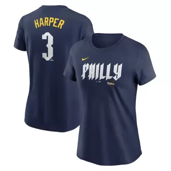 Women's Philadelphia Phillies Bryce Harper Nike Navy 2024 City Connect Fuse Player Name & Number T-Shirt Women's Philadelphia Phillies Bryce Harper Nike Navy 2024 City Connect Fuse Player Name & Number T-Shirt