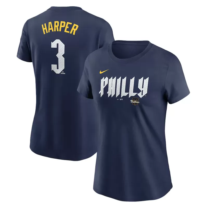 Women's Philadelphia Phillies Bryce Harper Nike Navy 2024 City Connect Fuse Player Name & Number T-Shirt Women's Philadelphia Phillies Bryce Harper Nike Navy 2024 City Connect Fuse Player Name & Number T-Shirt