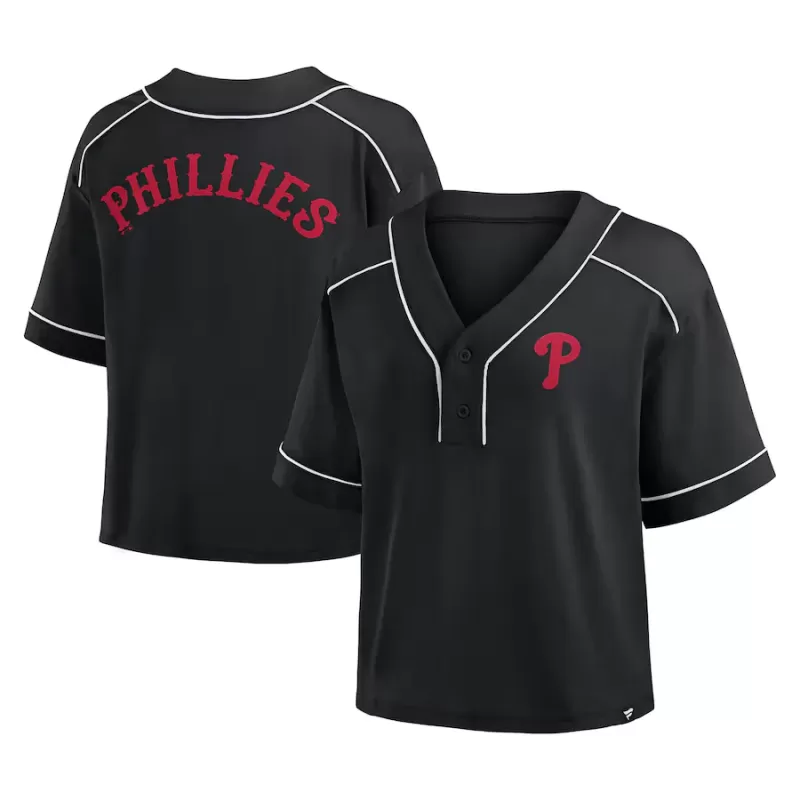 Women's Philadelphia Phillies Fanatics Black Oversized Champ Game Cropped V-Neck T-Shirt