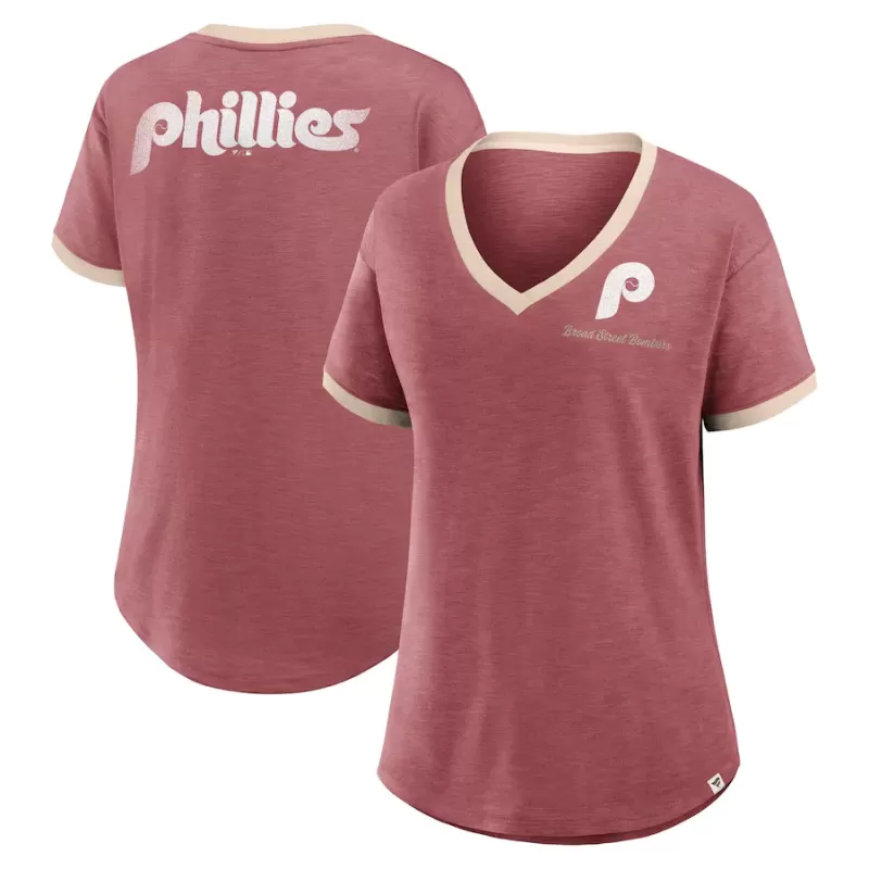 Women's Philadelphia Phillies Fanatics Burgundy Binge Worthy Stadium Slub V-Neck T-Shirt