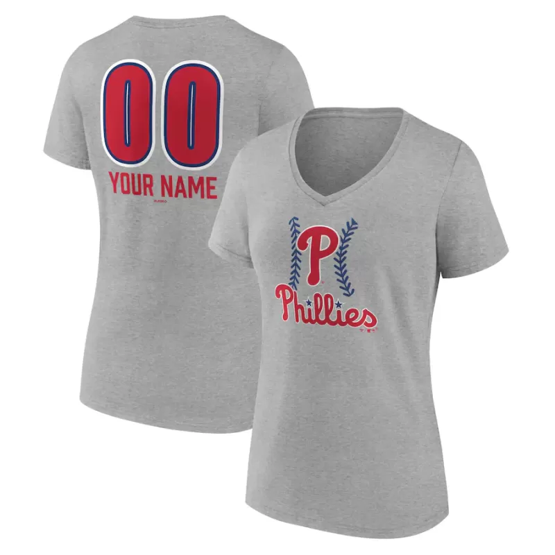 Women's Philadelphia Phillies Gray Personalized Name & Number Fastball V-Neck T-Shirt Women's Philadelphia Phillies Gray Personalized Name & Number Fastball V-Neck T-Shirt