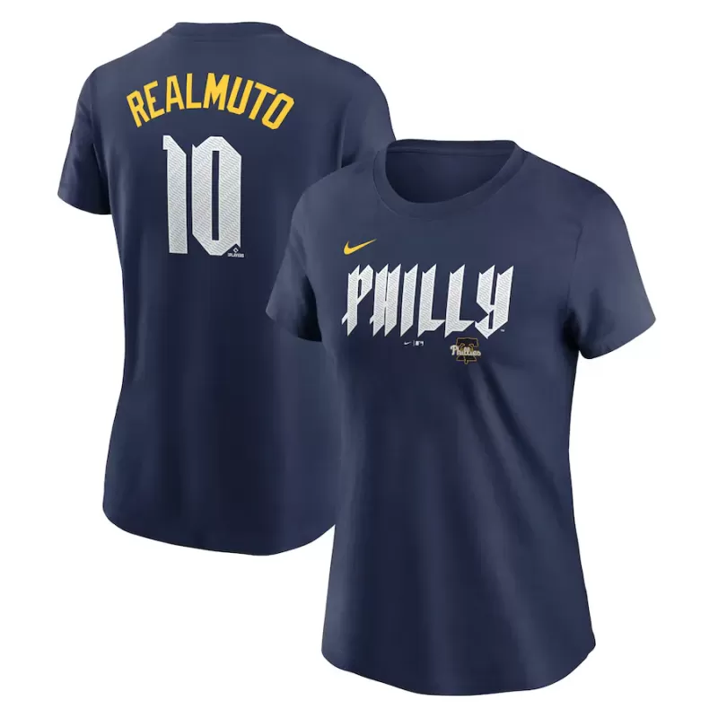 Women's Philadelphia Phillies J.T. Realmuto Nike Navy 2024 City Connect Fuse Player Name & Number T-Shirt Women's Philadelphia Phillies J.T. Realmuto Nike Navy 2024 City Connect Fuse Player Name & Number T-Shirt