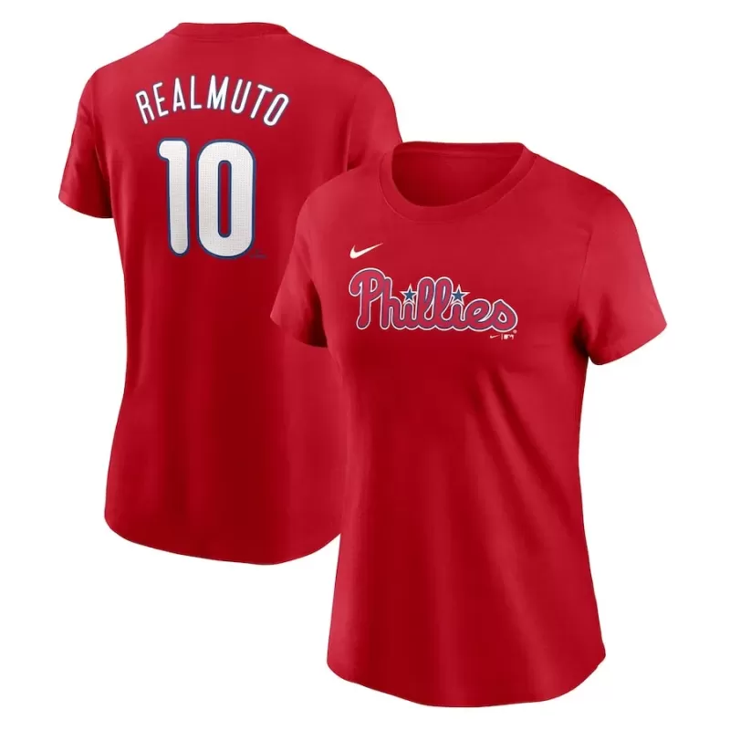 Women's Philadelphia Phillies J.T. Realmuto Nike Red Fuse Name & Number T-Shirt Women's Philadelphia Phillies J.T. Realmuto Nike Red Fuse Name & Number T-Shirt