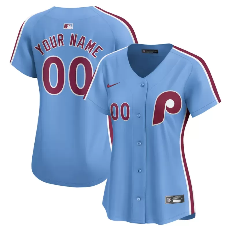 Women's Philadelphia Phillies Nike Light Blue Alternate Limited Custom Jersey Women's Philadelphia Phillies Nike Light Blue Alternate Limited Custom Jersey
