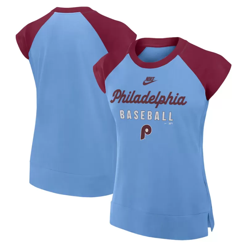 Women's Philadelphia Phillies Nike Light Blue/Burgundy Cooperstown Collection Raglan Performance T-Shirt Women's Philadelphia Phillies Nike Light Blue/Burgundy Cooperstown Collection Raglan Performance T-Shirt