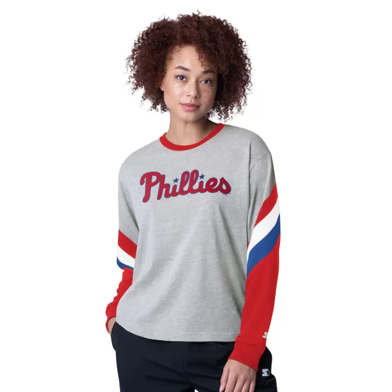 Women's Philadelphia Phillies Starter Heather Gray Triple A Fashion Color Block Long Sleeve Top Women's Philadelphia Phillies Starter Heather Gray Triple A Fashion Color Block Long Sleeve Top