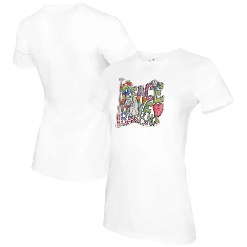 Women's Philadelphia Phillies Tiny Turnip White Peace Love Baseball T-Shirt Women's Philadelphia Phillies Tiny Turnip White Peace Love Baseball T-Shirt