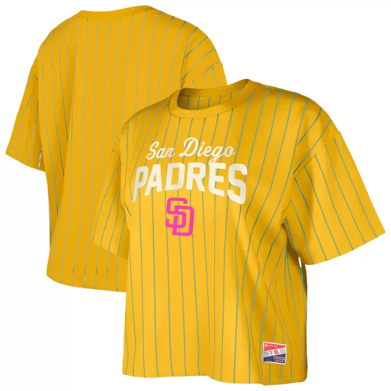 Women's San Diego Padres New Era Gold City Connect Multiplier Pinstripe Cropped T-Shirt Women's San Diego Padres New Era Gold City Connect Multiplier Pinstripe Cropped T-Shirt
