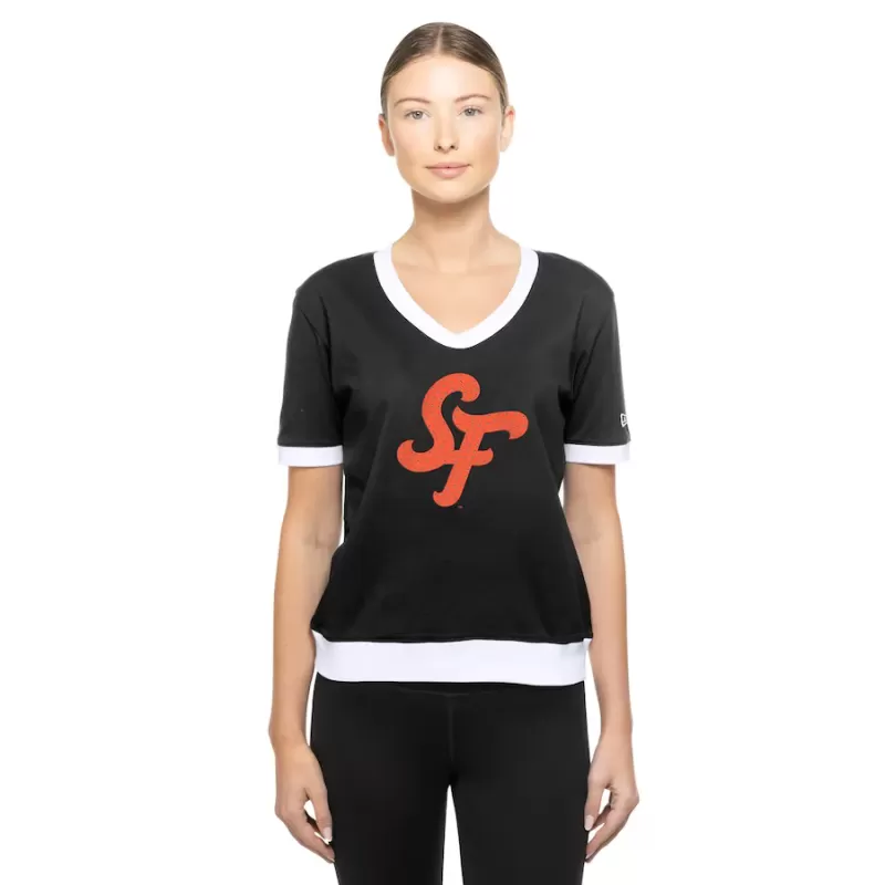 Women's San Francisco Giants New Era Black 2025 City Connect Rhinestone V-Neck T-Shirt Women's San Francisco Giants New Era Black 2025 City Connect Rhinestone V-Neck T-Shirt