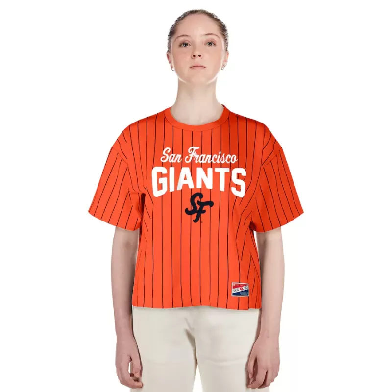 Women's San Francisco Giants New Era Orange 2025 City Connect Boxy Pinstripe T-Shirt Women's San Francisco Giants New Era Orange 2025 City Connect Boxy Pinstripe T-Shirt
