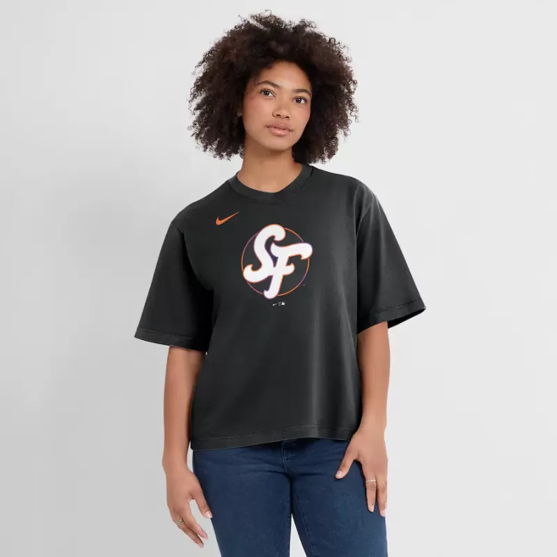 Women's San Francisco Giants Nike Black 2025 City Connect Logo Boxy T-Shirt Women's San Francisco Giants Nike Black 2025 City Connect Logo Boxy T-Shirt