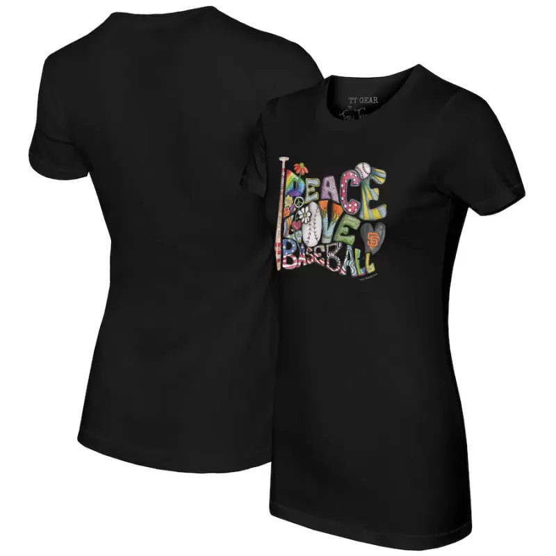 Women's San Francisco Giants Tiny Turnip Black Peace Love Baseball Fitted T-Shirt Women's San Francisco Giants Tiny Turnip Black Peace Love Baseball Fitted T-Shirt