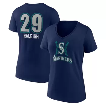 Women's Seattle Mariners Cal Raleigh Navy Name & Number Fastball V-Neck T-Shirt Women's Seattle Mariners Cal Raleigh Navy Name & Number Fastball V-Neck T-Shirt