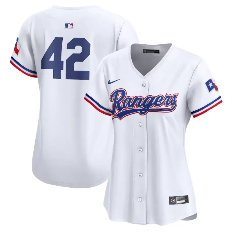 Women's Texas Rangers Nike White 2024 Jackie Robinson Day Home Limited Jersey Women's Texas Rangers Nike White 2024 Jackie Robinson Day Home Limited Jersey