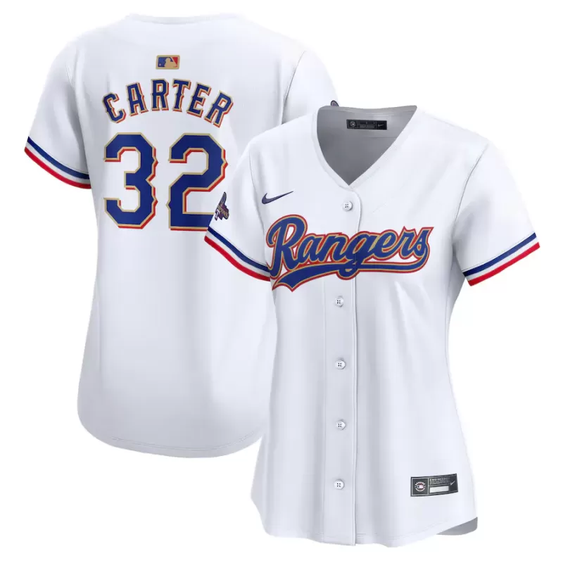 Women's Texas Rangers Evan Carter Nike White 2024 Gold Collection Limited Player Jersey Women's Texas Rangers Evan Carter Nike White 2024 Gold Collection Limited Player Jersey